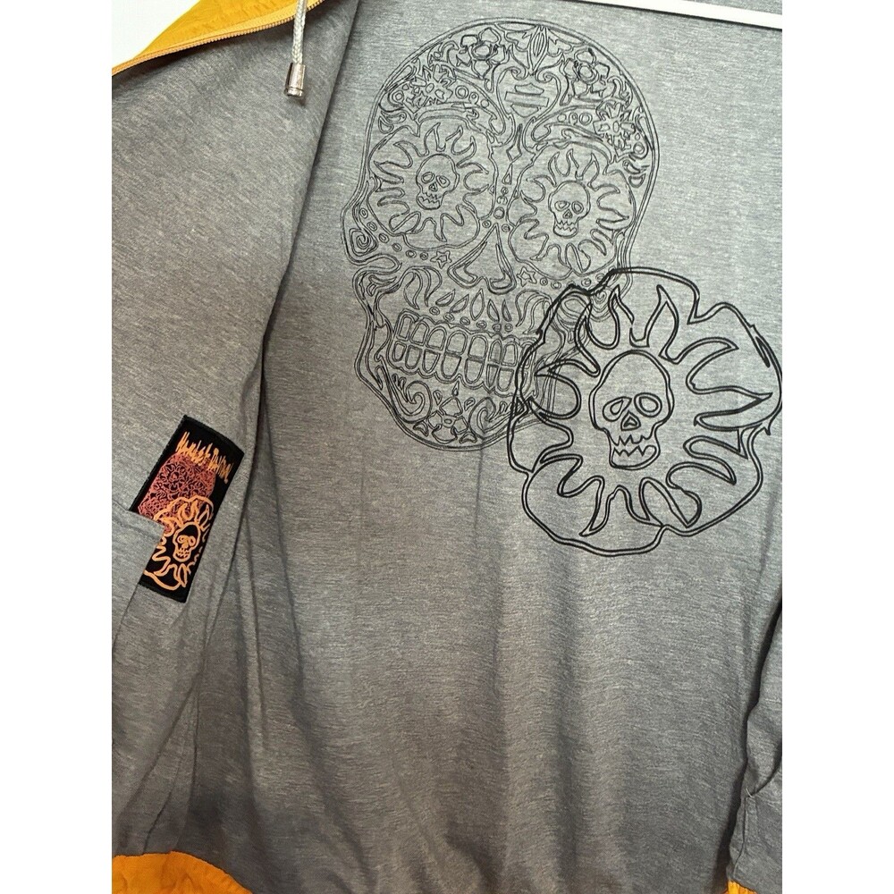 Harley Davidson Yellow Grey Reversible Windbreaker Zip Hoodie M Skull Biker